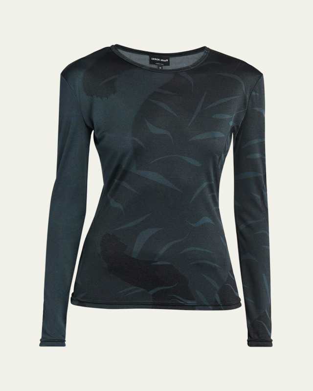 Leaf Print Long Sleeve Silk T-Shirt